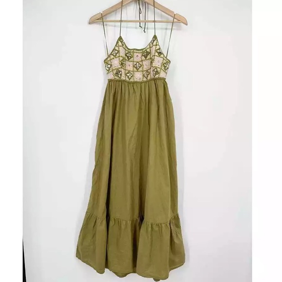 ZARA Mixed Beaded Crochet Lace Dress Halter Backless Khaki Midi-Maxi Dress - Picture 6 of 10